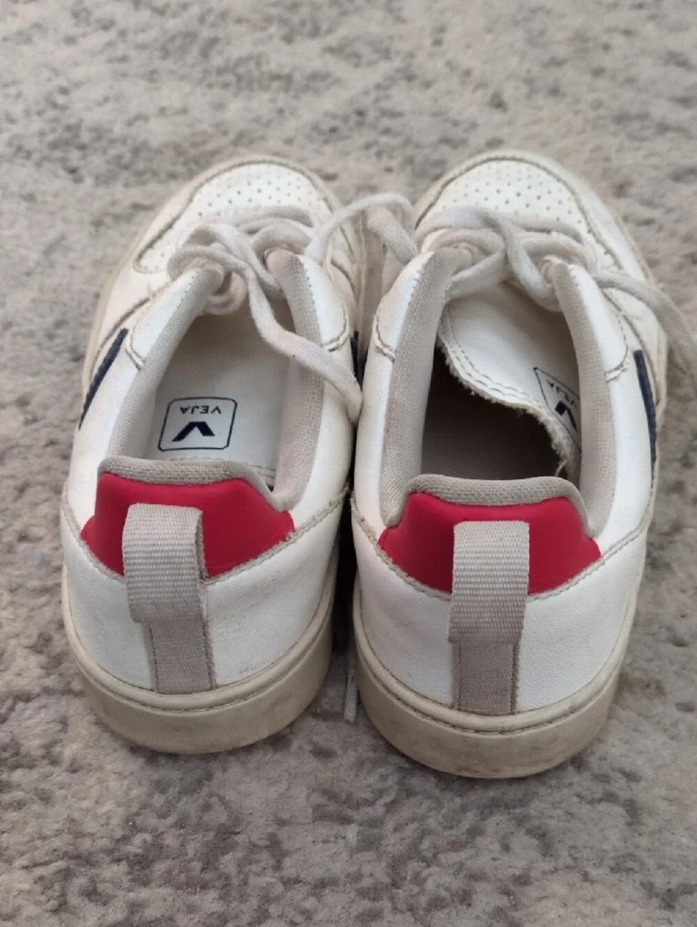 Veja Kids White Leather Sneakers with Navy V and Red Heel Tab